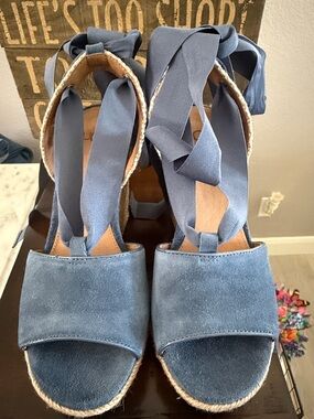 UGG Shiloh Blue Suede Espadrille Wedge Sandals with Ankle Wrap